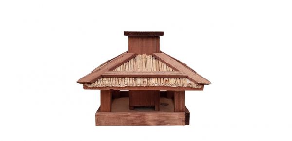 Futterhaus aus Holz mit Schilfdach, Vogelfutterhaus