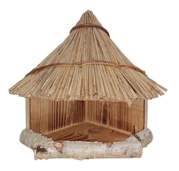 Vogelhaus Eckhaus mit Schilfdach, Futterhaus aus Holz