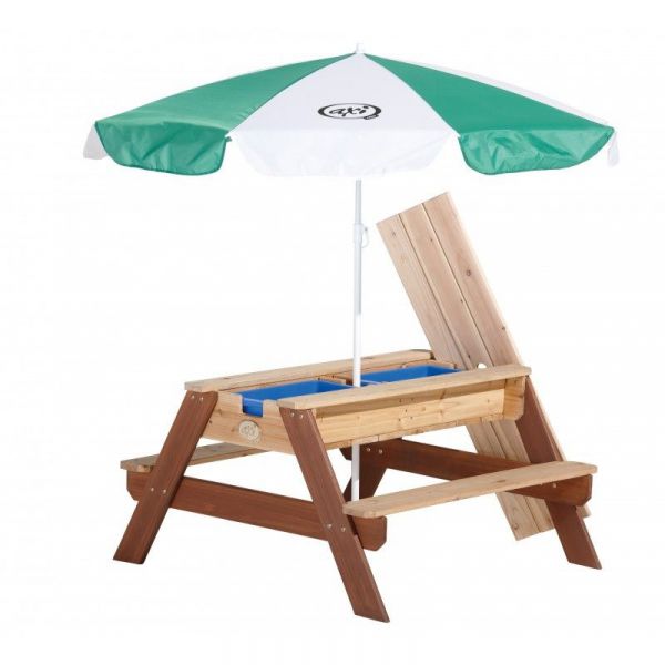 Sitzgruppe NICK, Sand & Wasser Picknick-Spieltisch mit Sonnenschirm, braun, mit abnehmbarer Platte