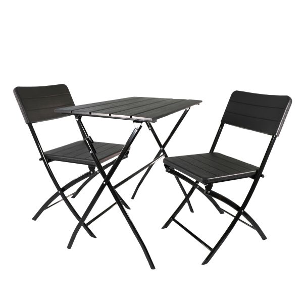 Balkonmöbel, Tisch mit 2 Stühlen, Holz-Optik, schwarz