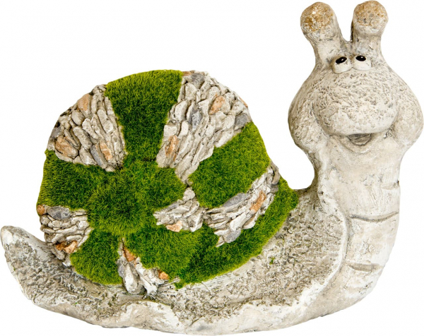Dekofigur Schnecke aus Polyresin mit grüner Beflockung, Steinoptik, Vorderseite